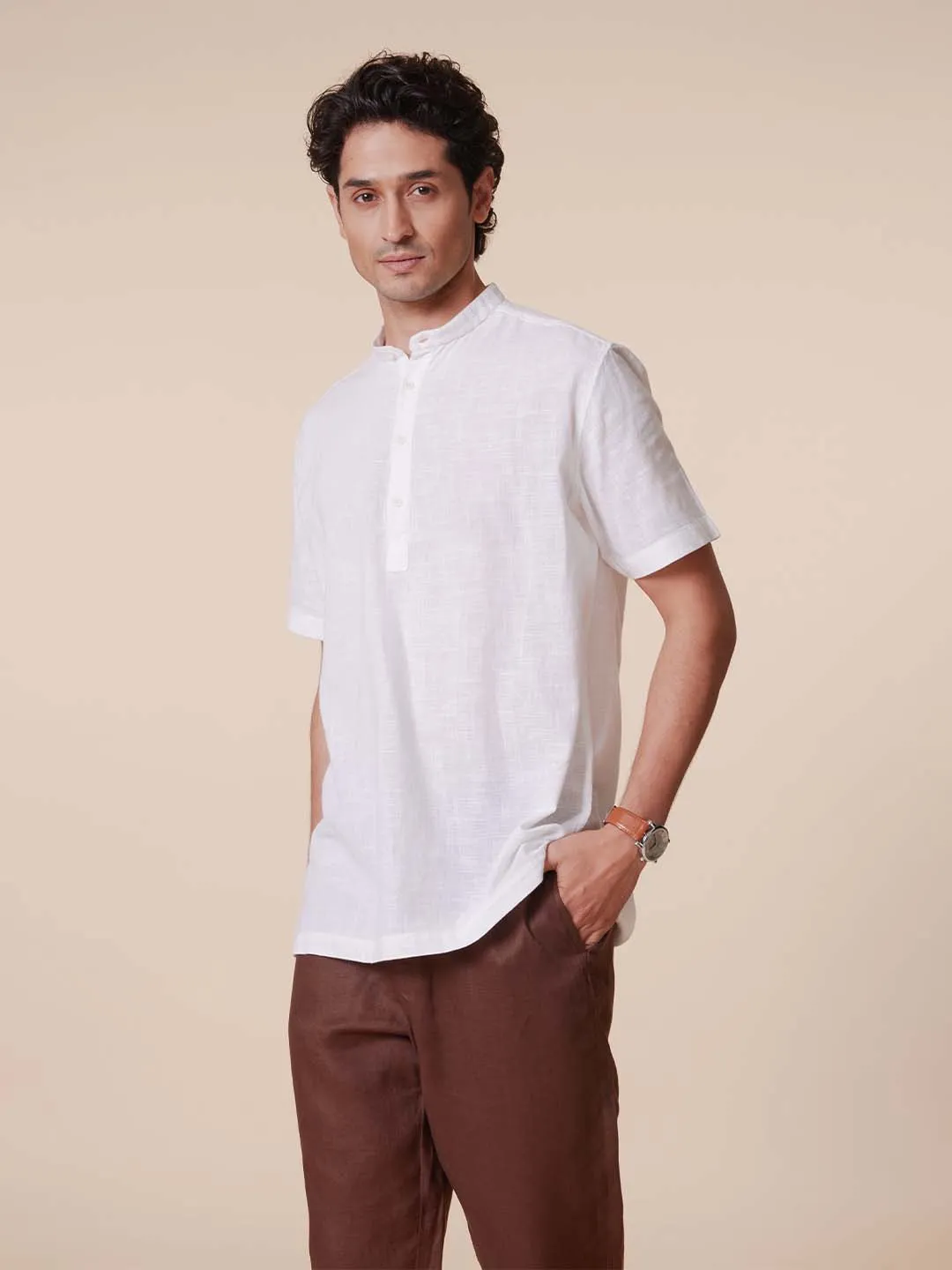 Mandarin Collar Pure Cotton White Shirt - Ethno