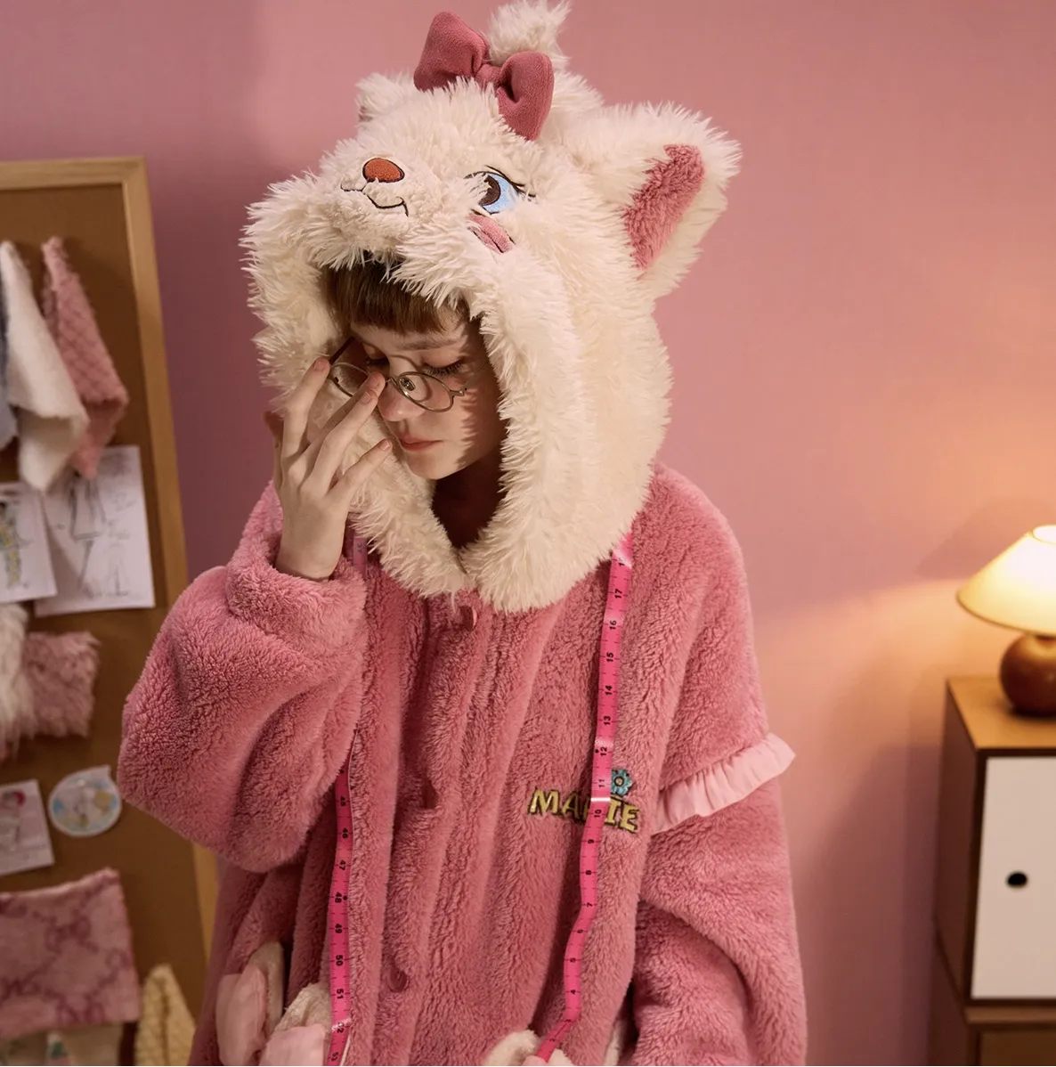 Marie Cat Dark Pink Thick Plush Fleece Winter Pajamas Hooded Bathrobe & Pants