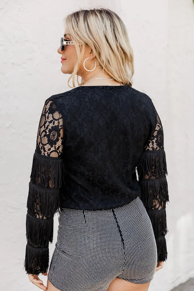 Meet Me On Broadway Black Fringe Sleeve Lace Long Sleeve Bodysuit FINAL SALE