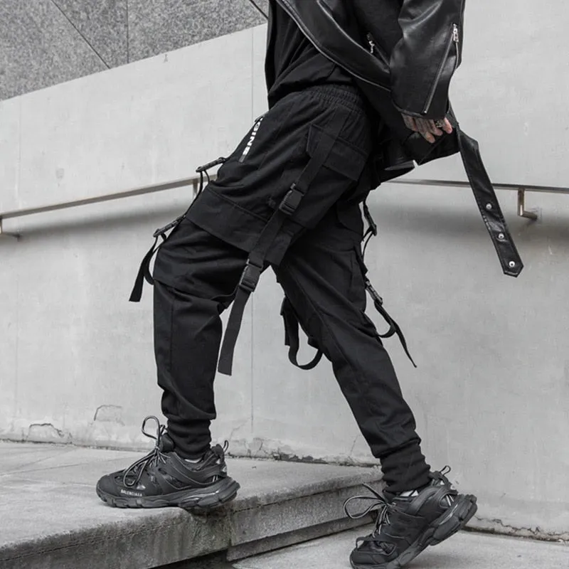 Men Hip Hop Harem Pants Spring Streetwear Elastic Waist Trousers Joggers Multi-pocket Ribbons Black Men's Clothing WB548