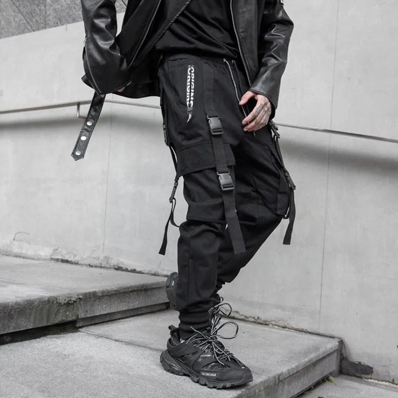 Men Hip Hop Harem Pants Spring Streetwear Elastic Waist Trousers Joggers Multi-pocket Ribbons Black Men's Clothing WB548