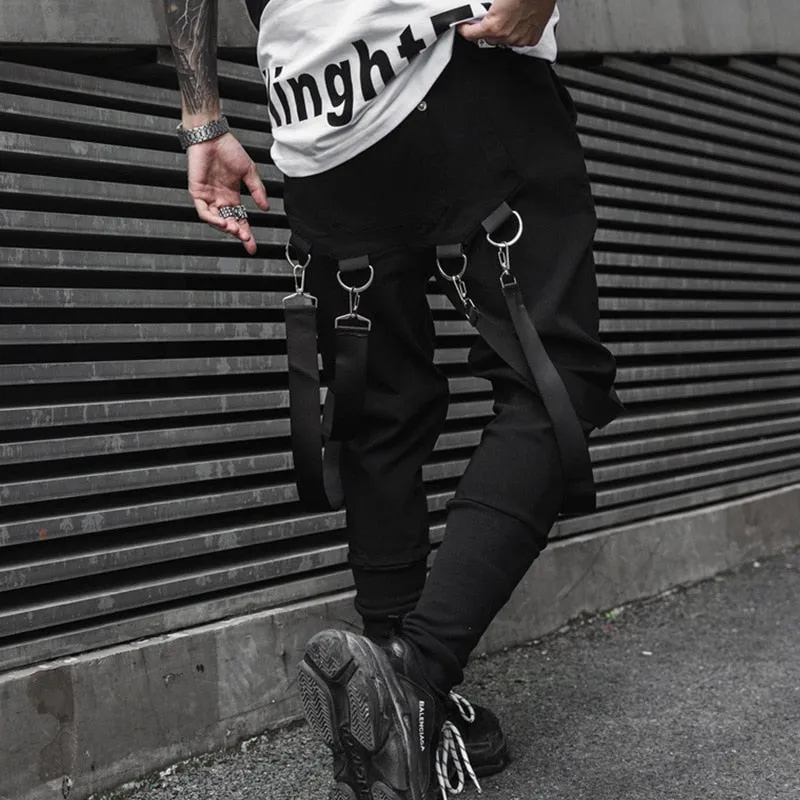 Men Hip Hop Harem Pants Spring Streetwear Elastic Waist Trousers Joggers Multi-pocket Ribbons Black Men's Clothing WB549