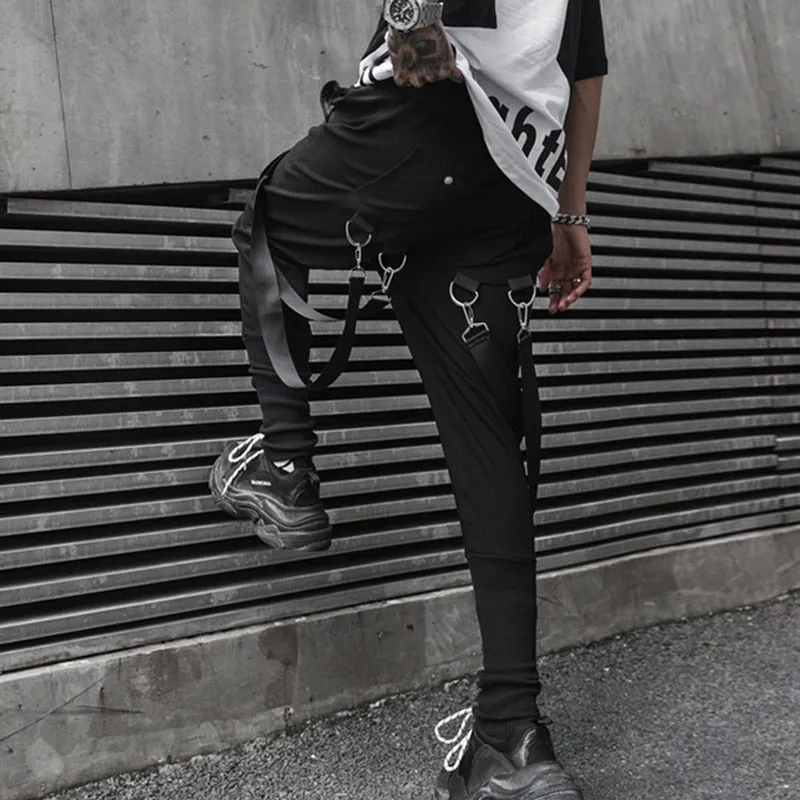 Men Hip Hop Harem Pants Spring Streetwear Elastic Waist Trousers Joggers Multi-pocket Ribbons Black Men's Clothing WB549