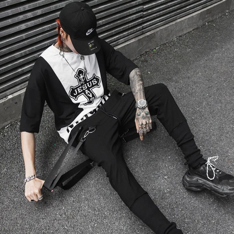 Men Hip Hop Harem Pants Spring Streetwear Elastic Waist Trousers Joggers Multi-pocket Ribbons Black Men's Clothing WB549