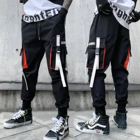 Men Hip Hop Harem Pants Spring Streetwear Elastic Waist Trousers Joggers Multi-pocket Ribbons Black Men's Clothing WB551