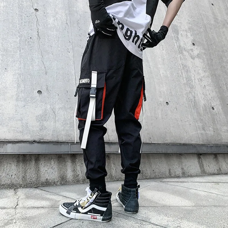 Men Hip Hop Harem Pants Spring Streetwear Elastic Waist Trousers Joggers Multi-pocket Ribbons Black Men's Clothing WB551