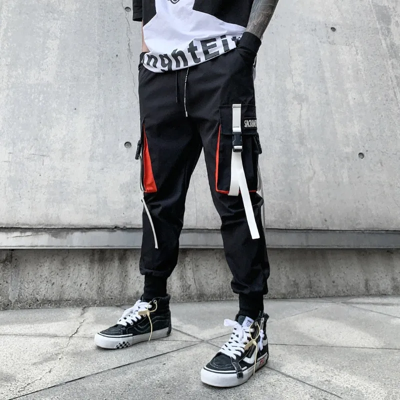 Men Hip Hop Harem Pants Spring Streetwear Elastic Waist Trousers Joggers Multi-pocket Ribbons Black Men's Clothing WB551