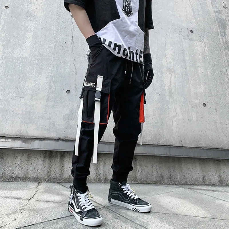 Men Hip Hop Harem Pants Spring Streetwear Elastic Waist Trousers Joggers Multi-pocket Ribbons Black Men's Clothing WB551