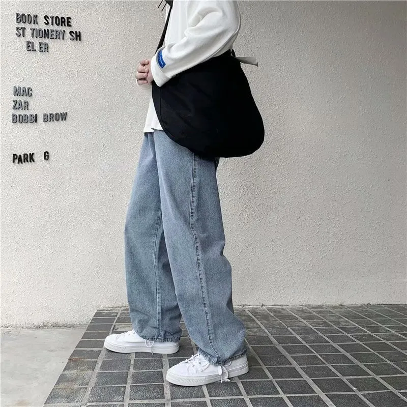 Men Jeans Solid Drawstring Denim Full Length Straight Loose Males All-match Trendy Punk Baggy Retro Leisure Chic Cowboy Trousers