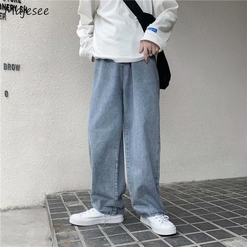 Men Jeans Solid Drawstring Denim Full Length Straight Loose Males All-match Trendy Punk Baggy Retro Leisure Chic Cowboy Trousers