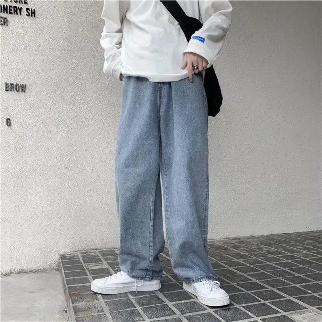 Men Jeans Solid Drawstring Denim Full Length Straight Loose Males All-match Trendy Punk Baggy Retro Leisure Chic Cowboy Trousers