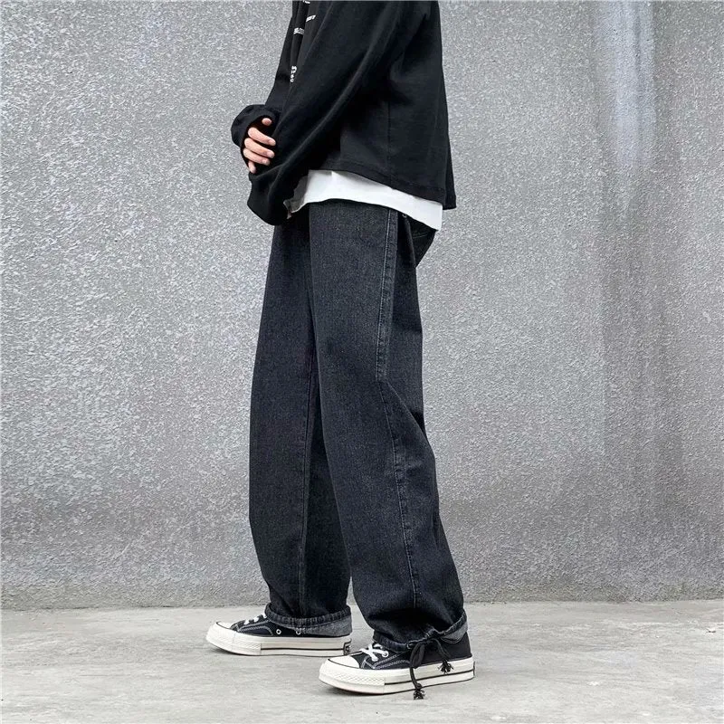 Men Jeans Solid Drawstring Denim Full Length Straight Loose Males All-match Trendy Punk Baggy Retro Leisure Chic Cowboy Trousers