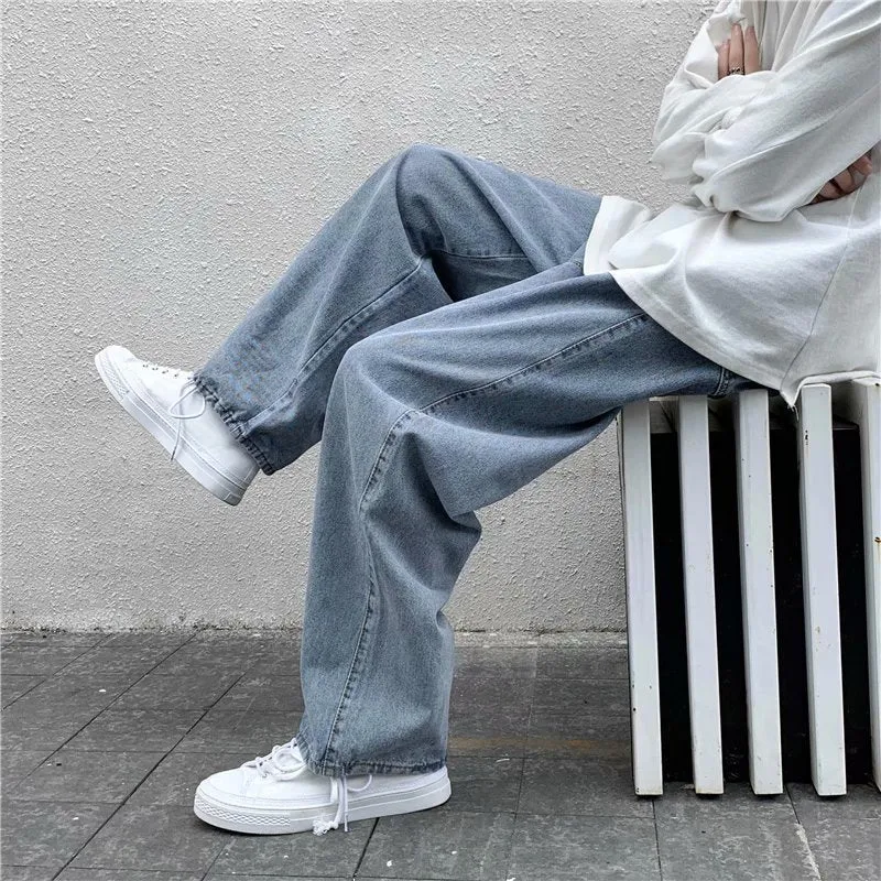 Men Jeans Solid Drawstring Denim Full Length Straight Loose Males All-match Trendy Punk Baggy Retro Leisure Chic Cowboy Trousers