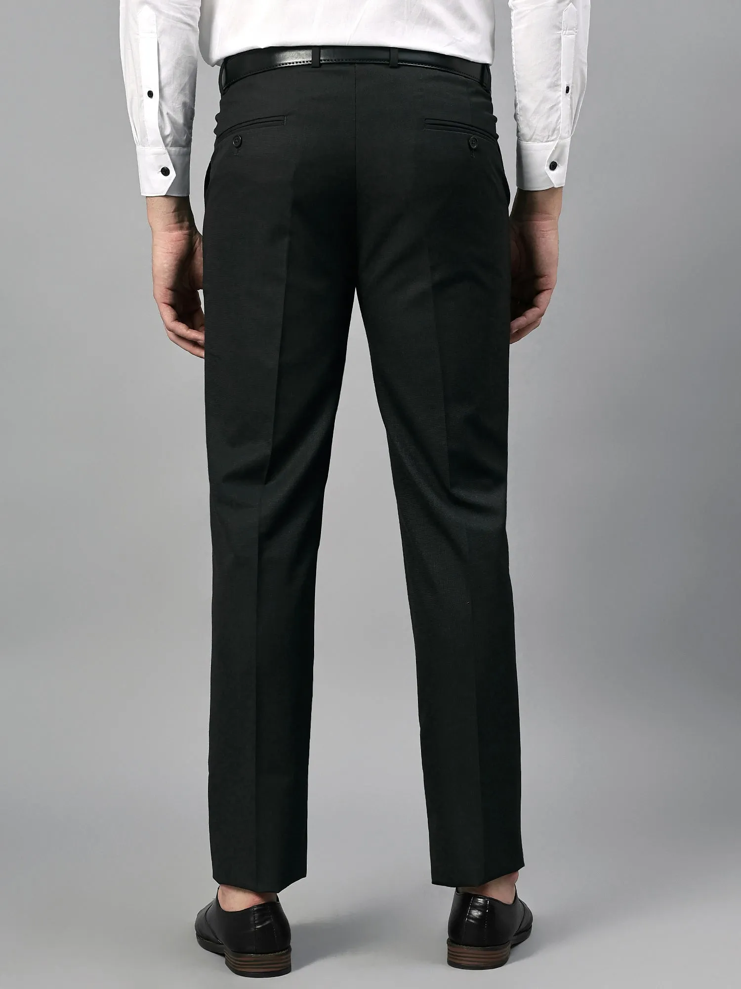 Men's Charcoal Black Self Design Non-Pleated Formal Trouser