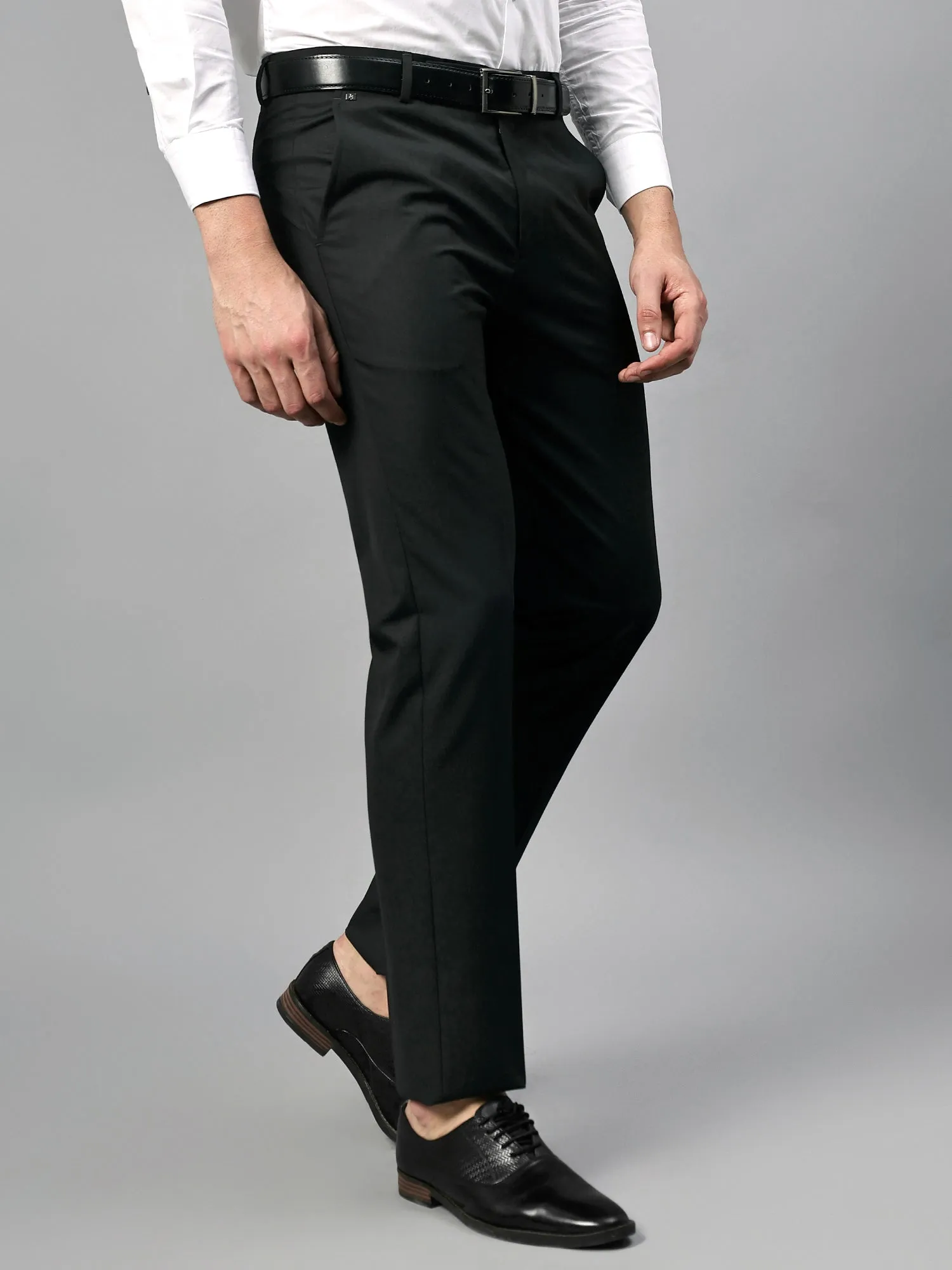 Men's Charcoal Black Self Design Non-Pleated Formal Trouser