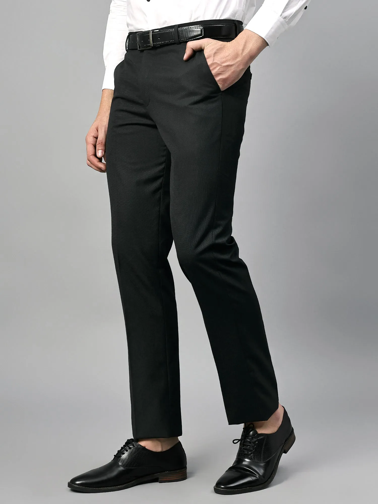 Men's Charcoal Black Self Design Non-Pleated Formal Trouser