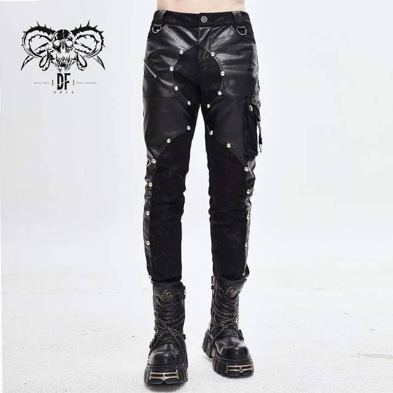 Men's Faux Leather Zipper Rivets Spliced Trousers With Pocket