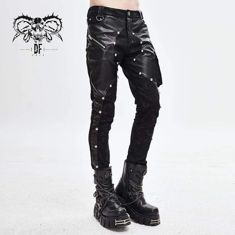 Men's Faux Leather Zipper Rivets Spliced Trousers With Pocket