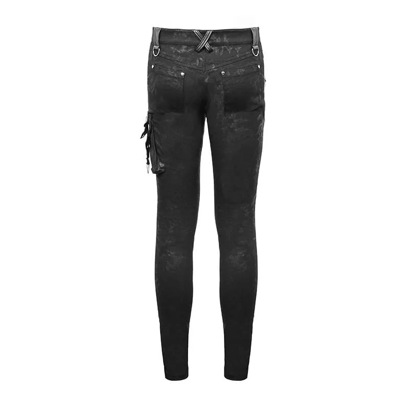 Men's Faux Leather Zipper Rivets Spliced Trousers With Pocket