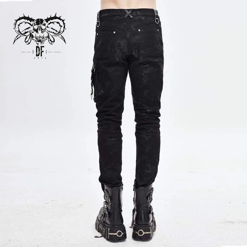 Men's Faux Leather Zipper Rivets Spliced Trousers With Pocket