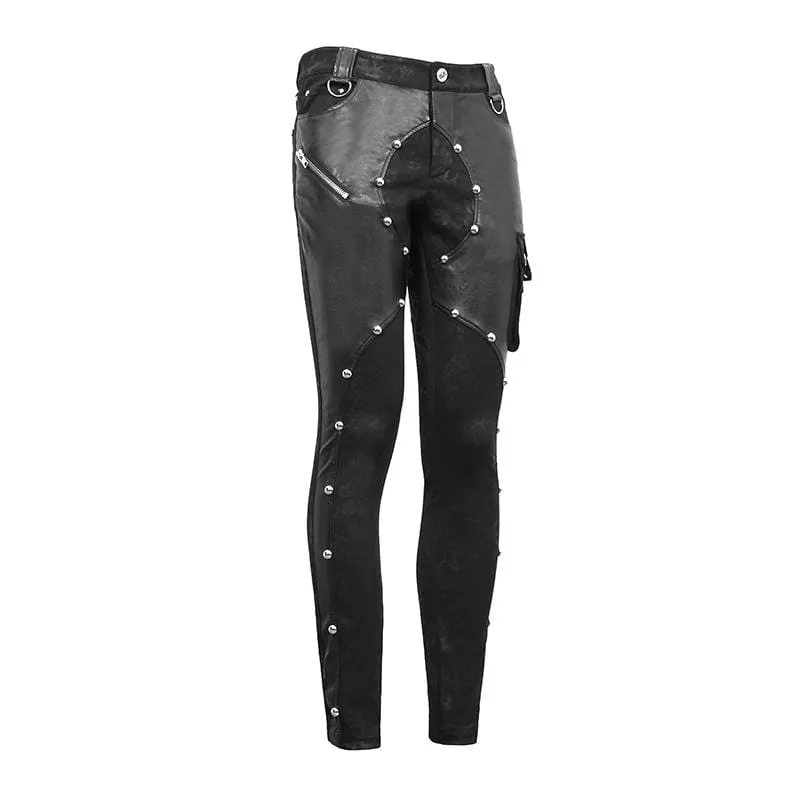 Men's Faux Leather Zipper Rivets Spliced Trousers With Pocket