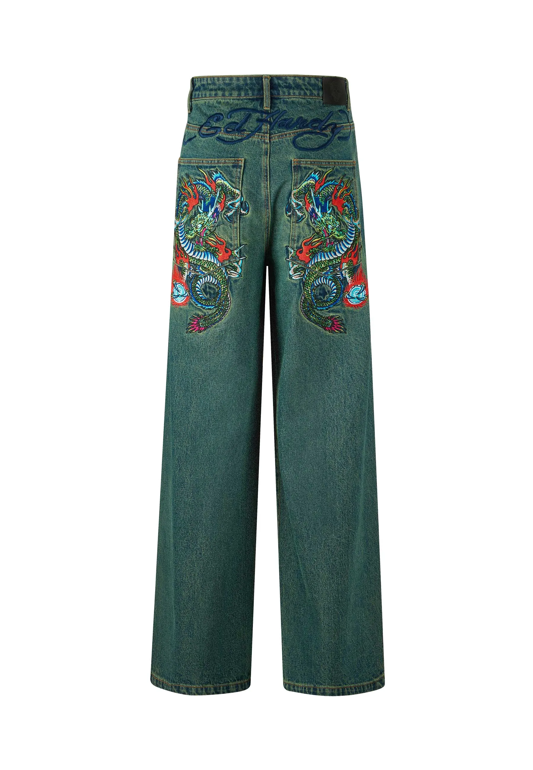 Mens Fireball Dragon Dirty Wash Denim Trousers Jeans - Green