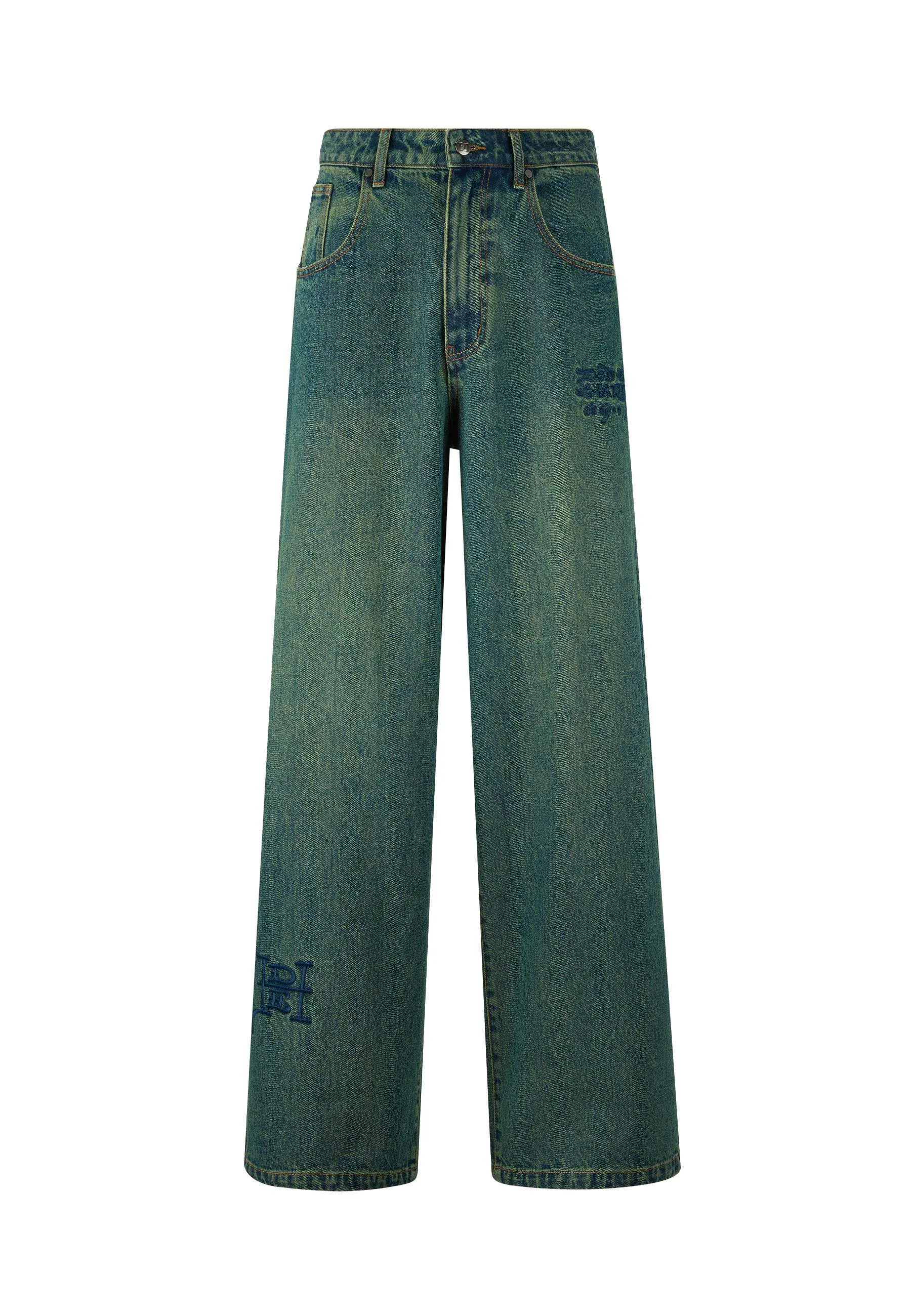 Mens Fireball Dragon Dirty Wash Denim Trousers Jeans - Green