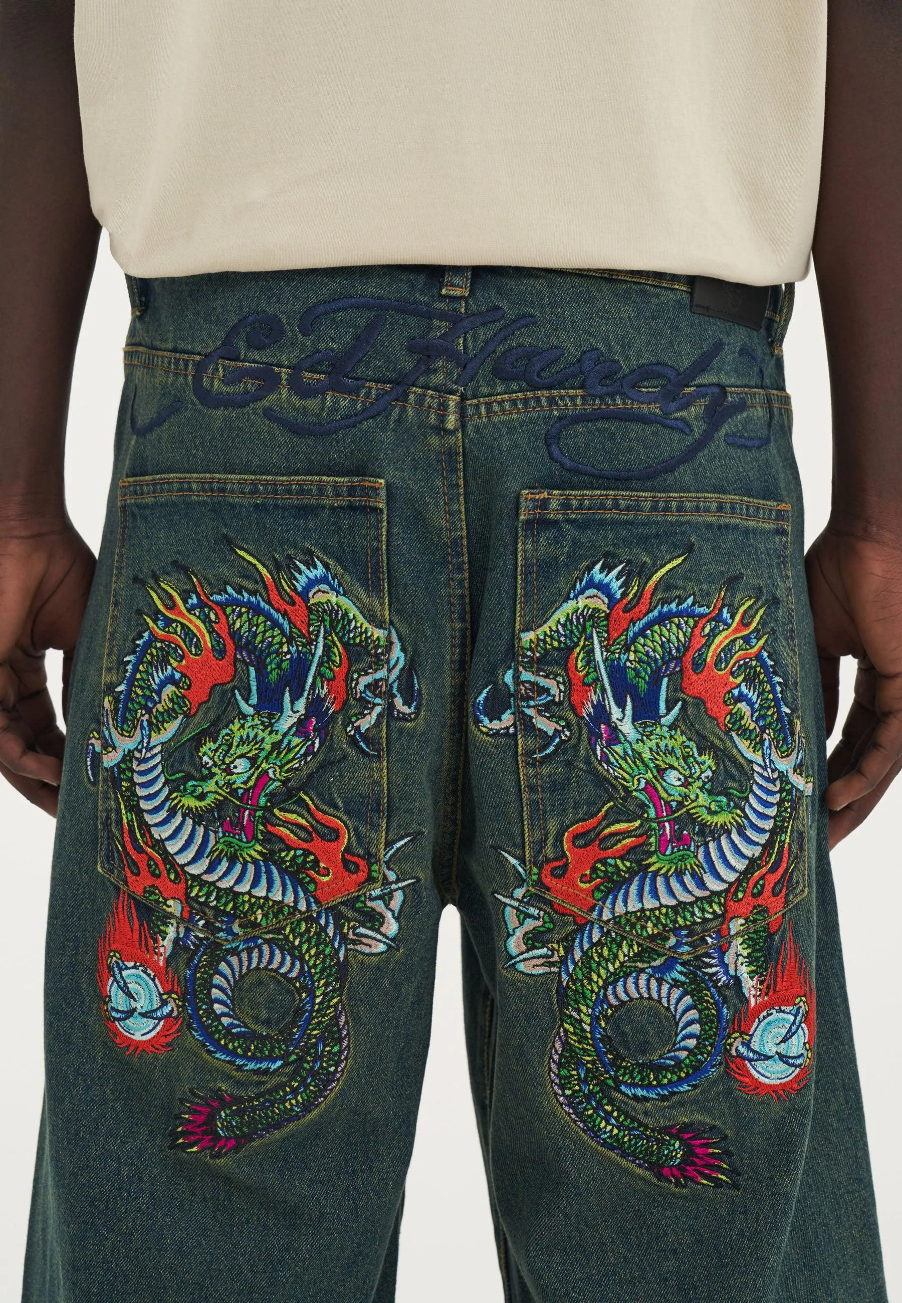 Mens Fireball Dragon Dirty Wash Denim Trousers Jeans - Green