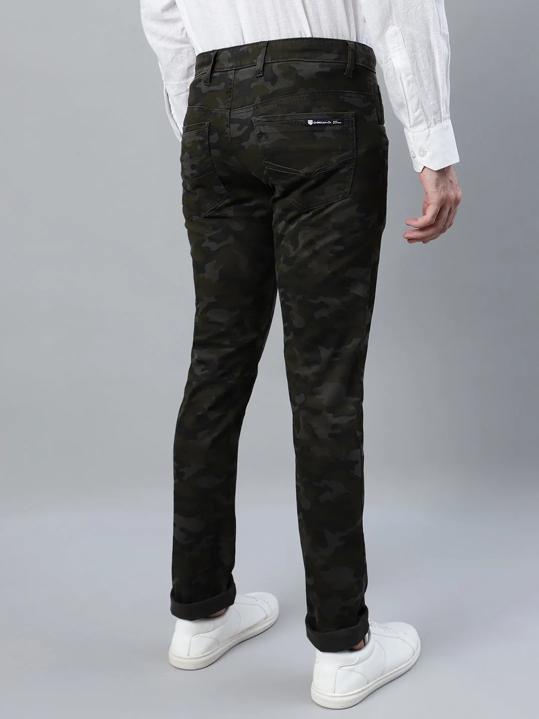 Men's Olive Green Printed Non-Pleated Casual Trouser