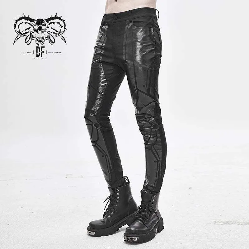 Men's PU Spliced Stripes Skinny Trousers