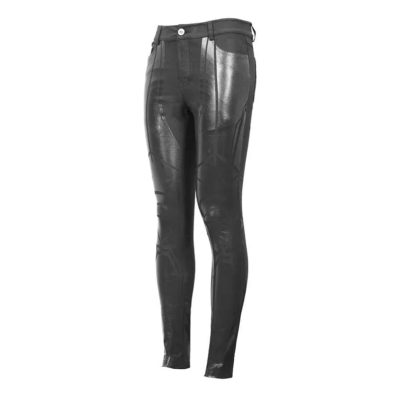 Men's PU Spliced Stripes Skinny Trousers