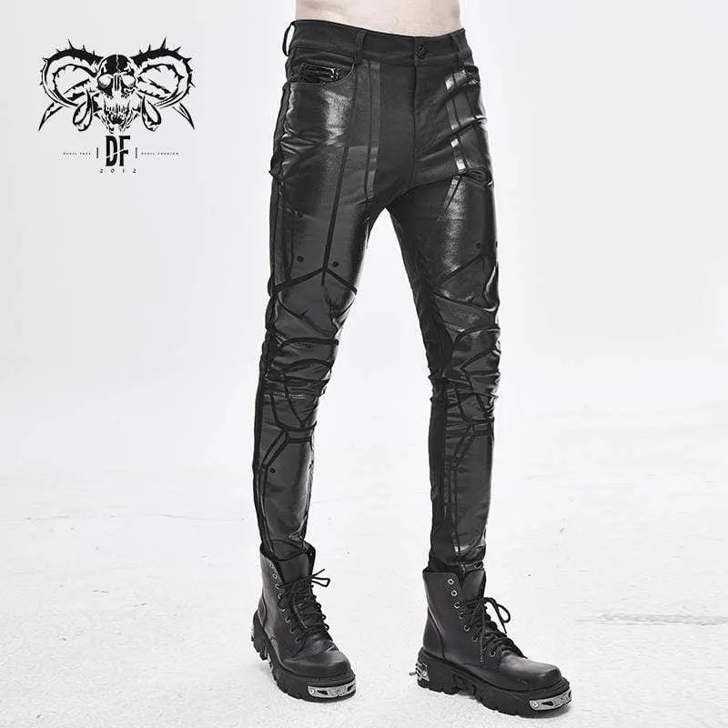 Men's PU Spliced Stripes Skinny Trousers