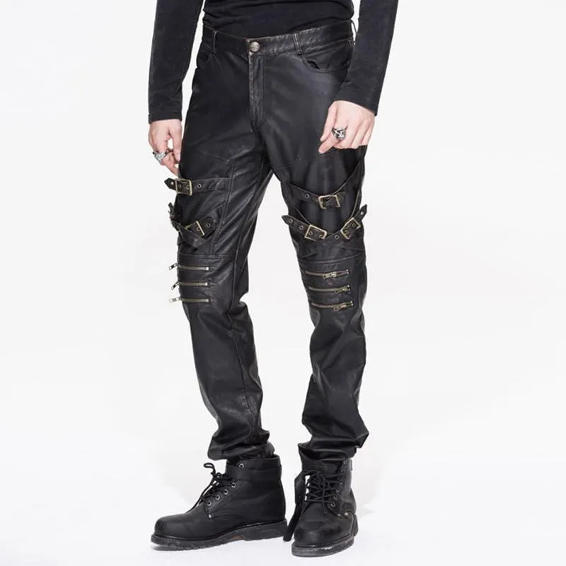 Men's Punk Faux Leather Trousers With Decorative Straps