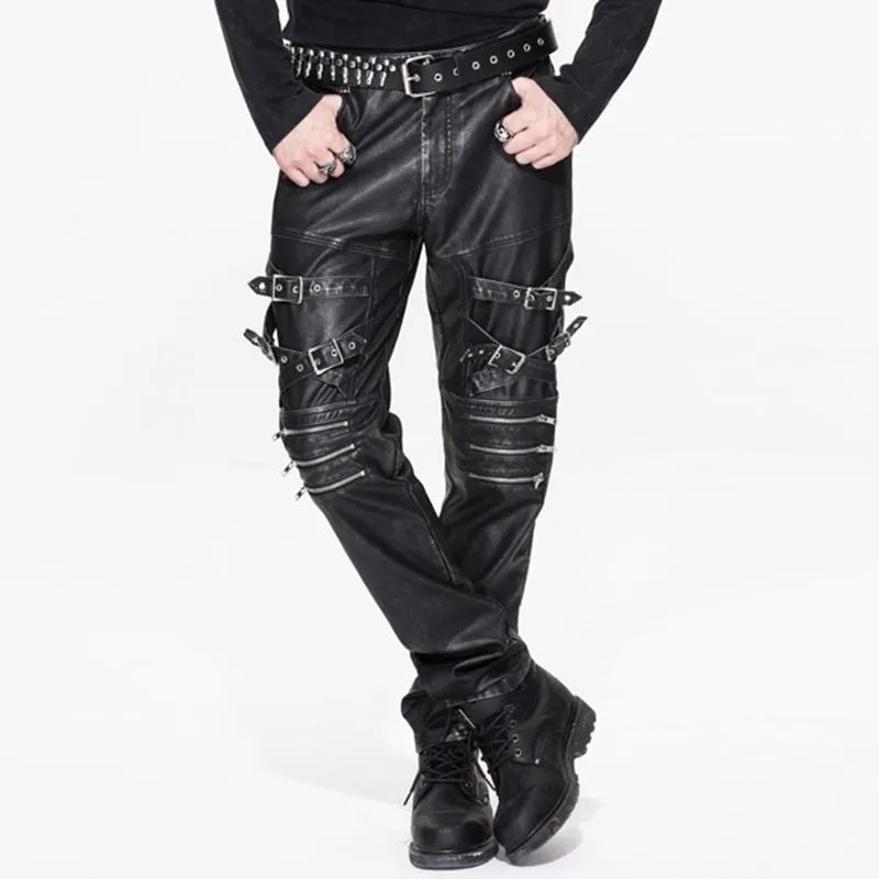 Men's Punk Faux Leather Trousers With Decorative Straps