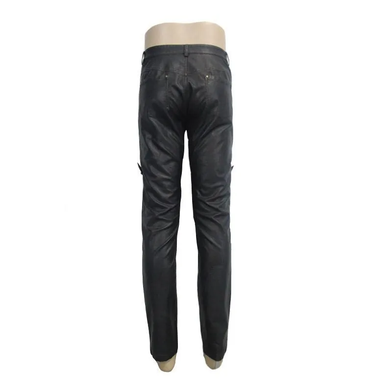 Men's Punk Faux Leather Trousers With Decorative Straps