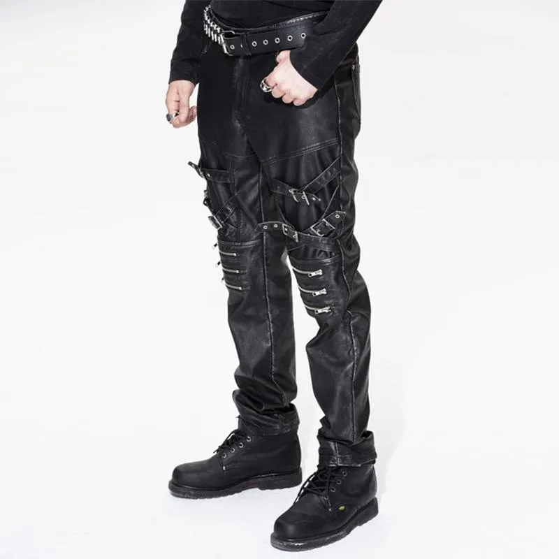 Men's Punk Faux Leather Trousers With Decorative Straps