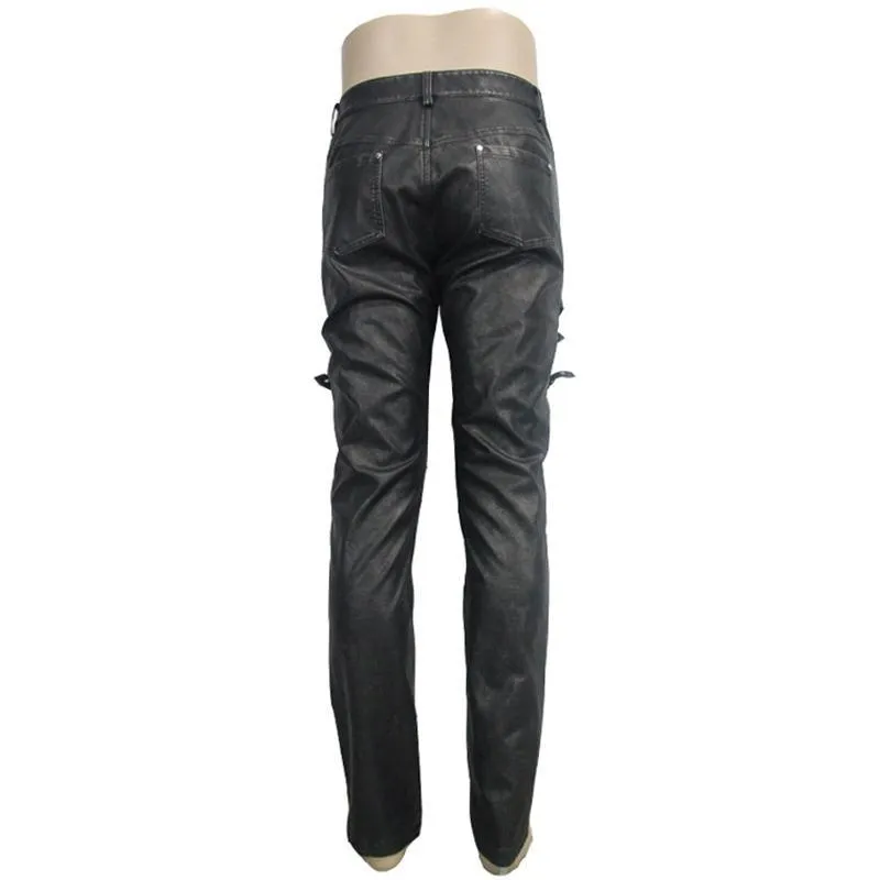 Men's Punk Faux Leather Trousers With Decorative Straps