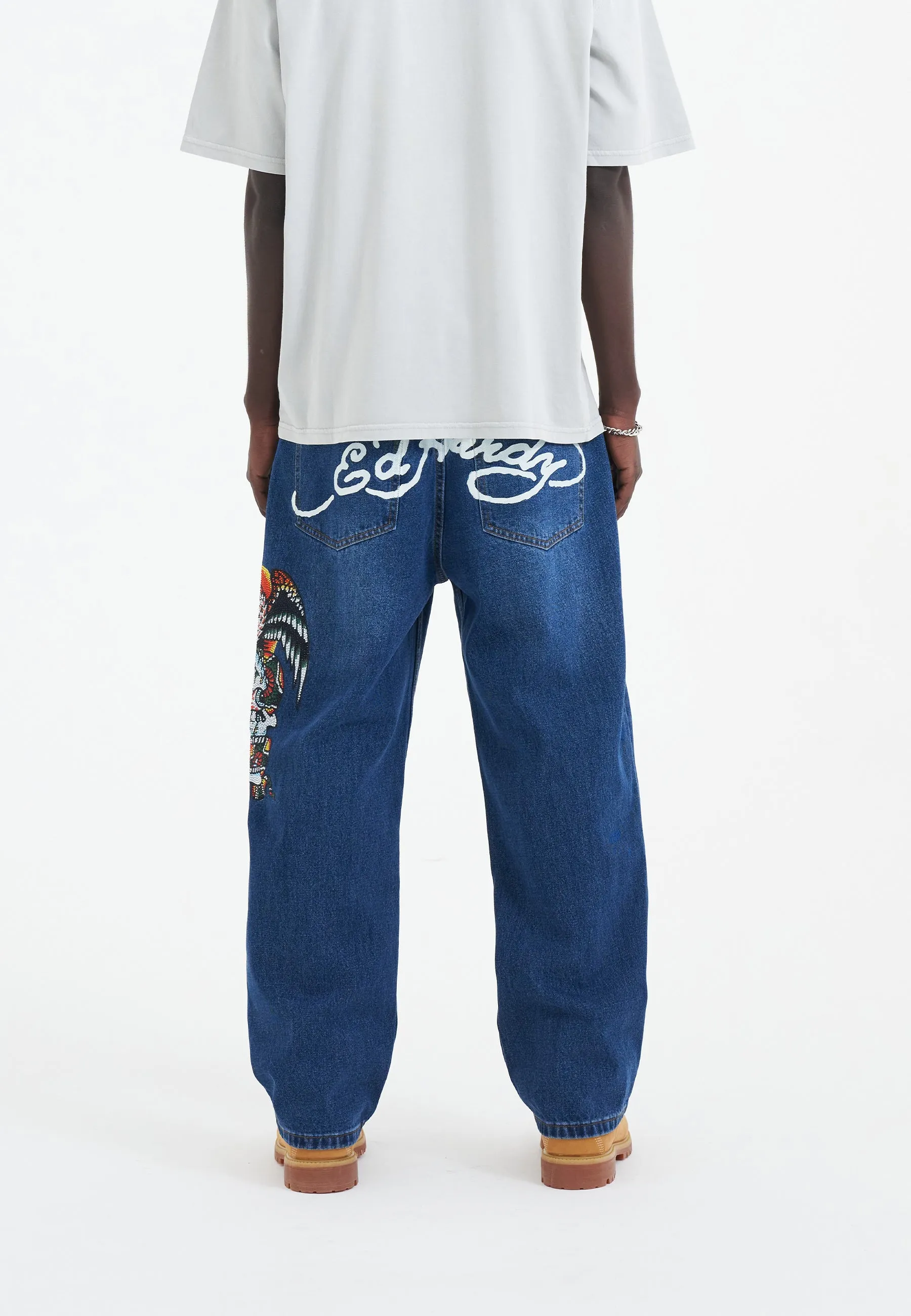 Mens Skull-Snake-Eagle Diamante Denim Trousers Jeans - Indigo