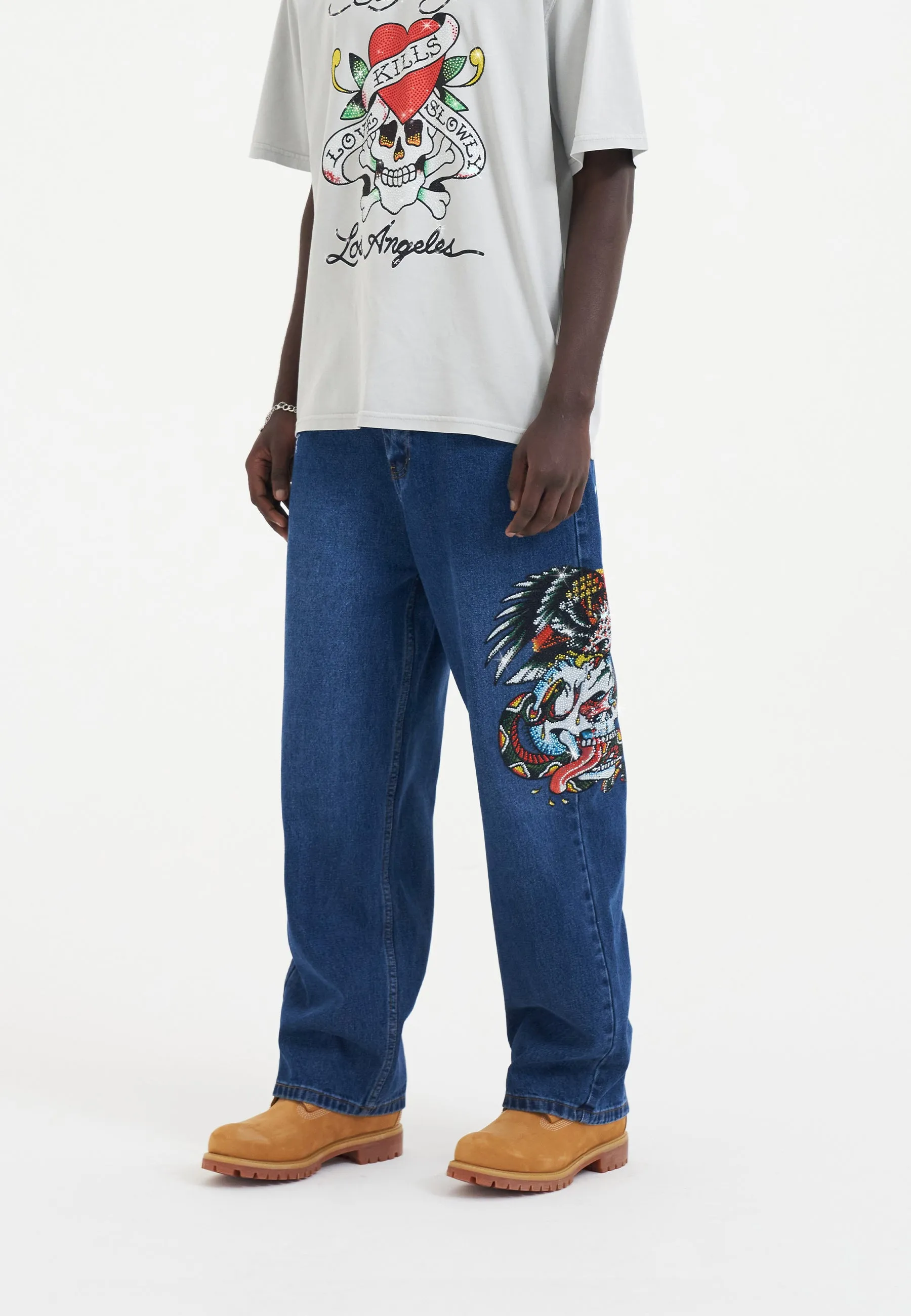 Mens Skull-Snake-Eagle Diamante Denim Trousers Jeans - Indigo