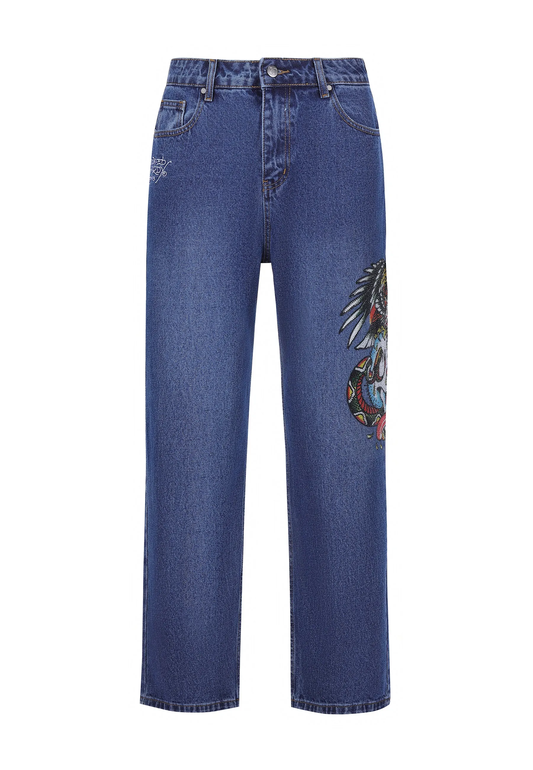 Mens Skull-Snake-Eagle Diamante Denim Trousers Jeans - Indigo