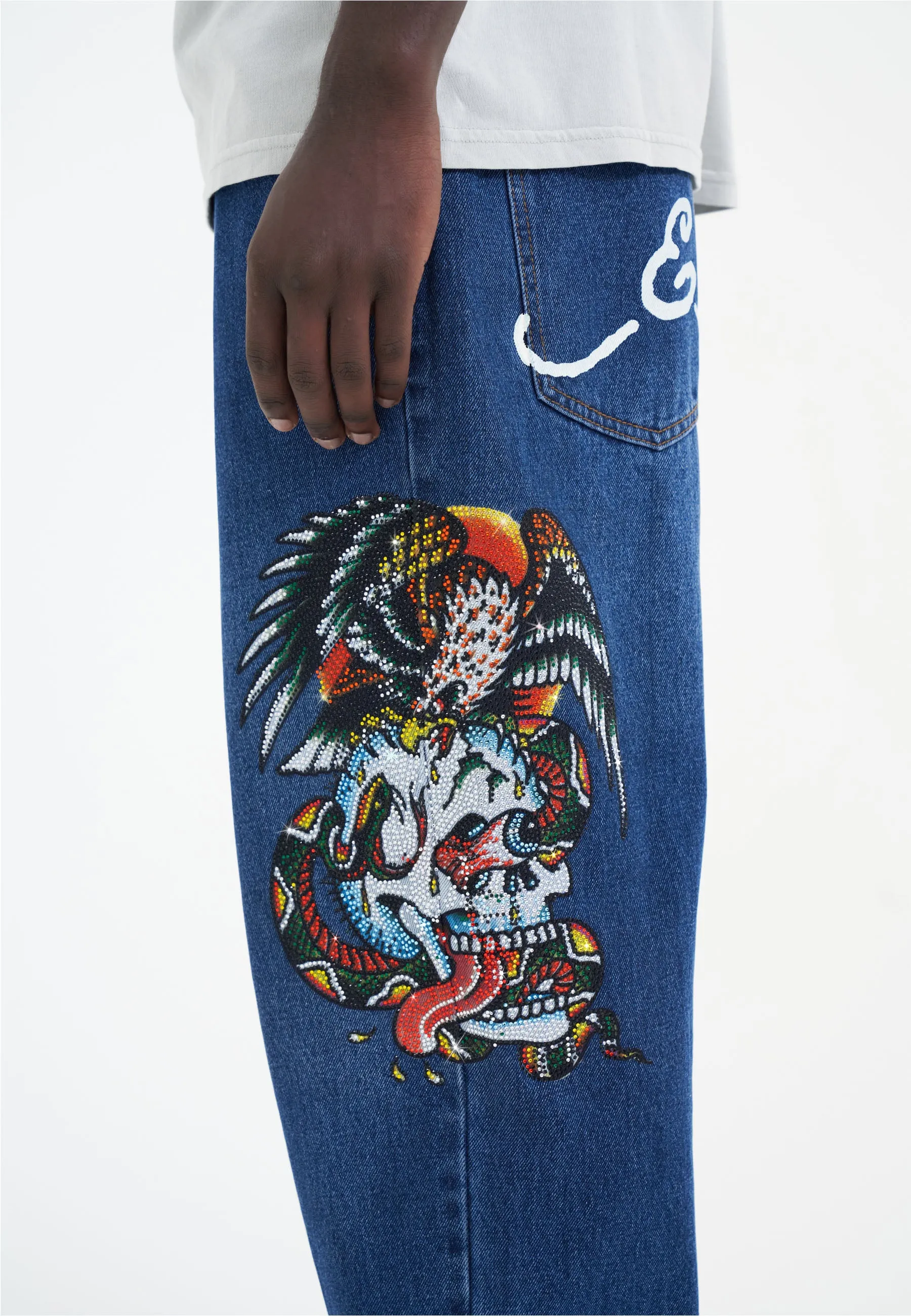 Mens Skull-Snake-Eagle Diamante Denim Trousers Jeans - Indigo