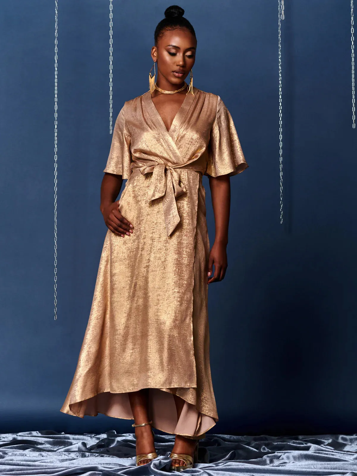 METALLIC EFFECT WRAP MAXI DRESS (GOLD)