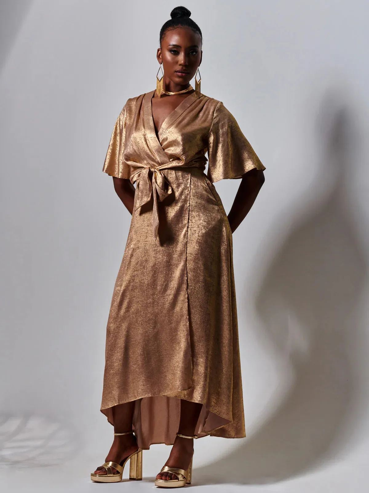 METALLIC EFFECT WRAP MAXI DRESS (GOLD)