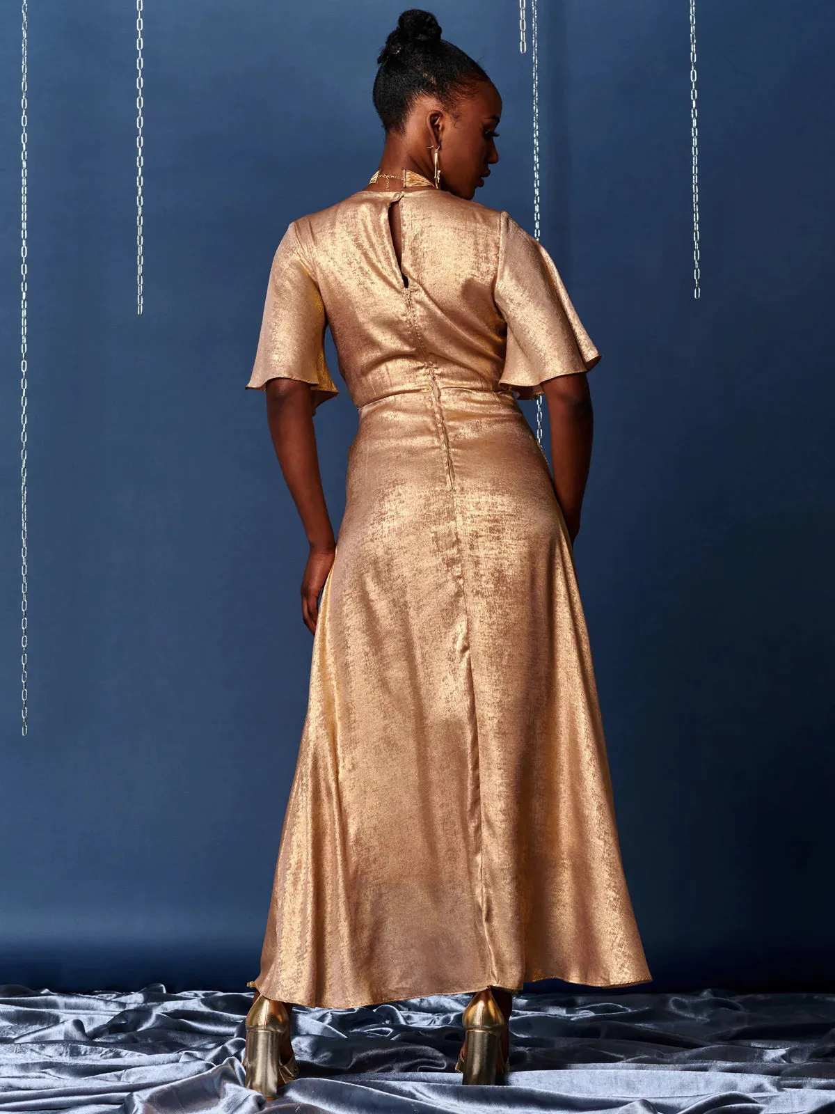 METALLIC EFFECT WRAP MAXI DRESS (GOLD)