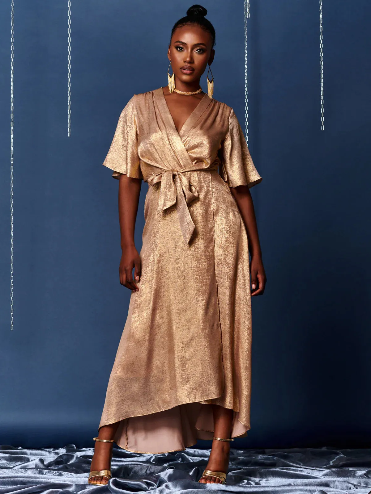 METALLIC EFFECT WRAP MAXI DRESS (GOLD)