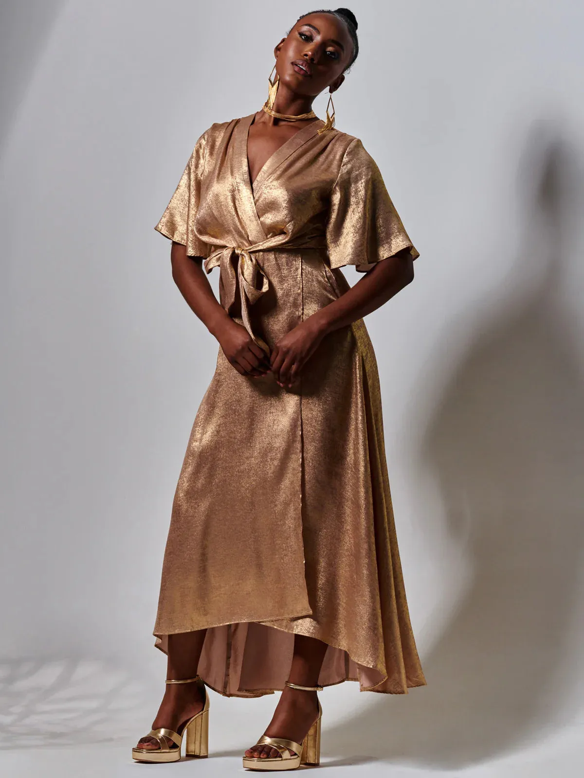 METALLIC EFFECT WRAP MAXI DRESS (GOLD)