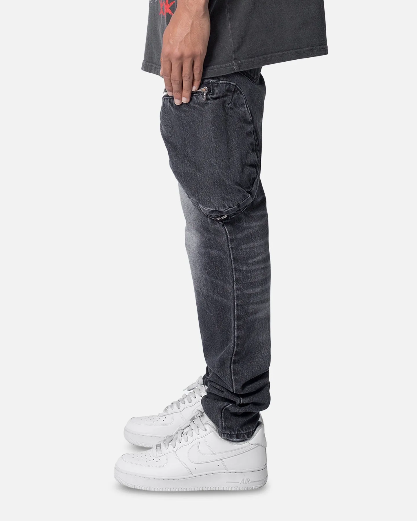 MNML Zipper Inseam Cargo Denim Jeans Washed Black