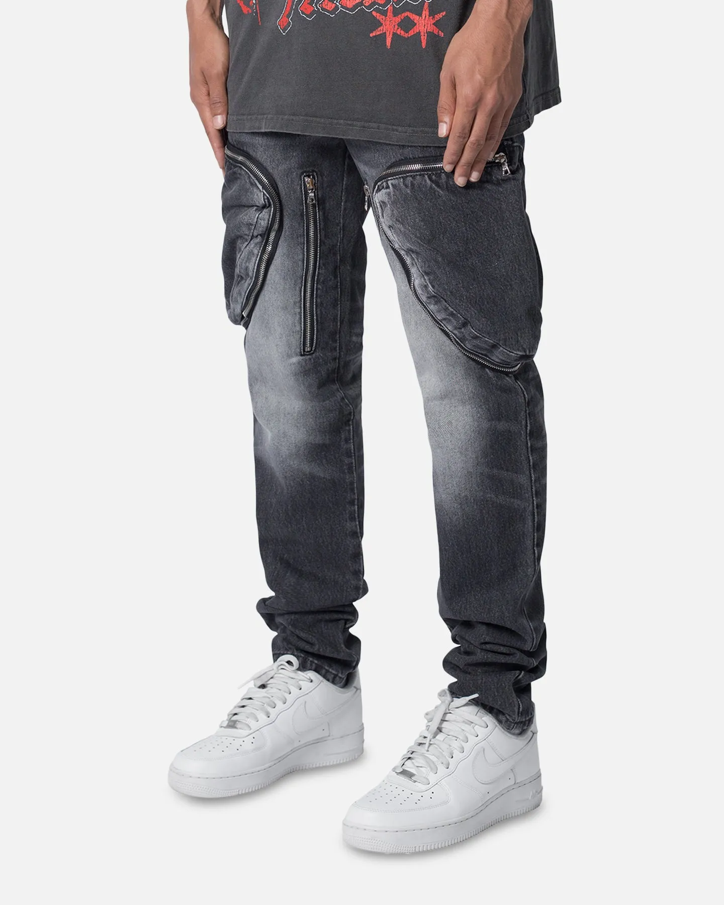 MNML Zipper Inseam Cargo Denim Jeans Washed Black