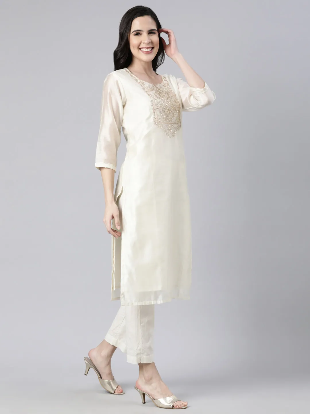 Neerus Cream Regular Straight Solid Kurta And  Trousers With Dupatta