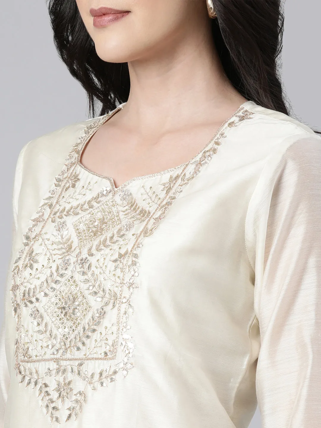 Neerus Cream Regular Straight Solid Kurta And  Trousers With Dupatta